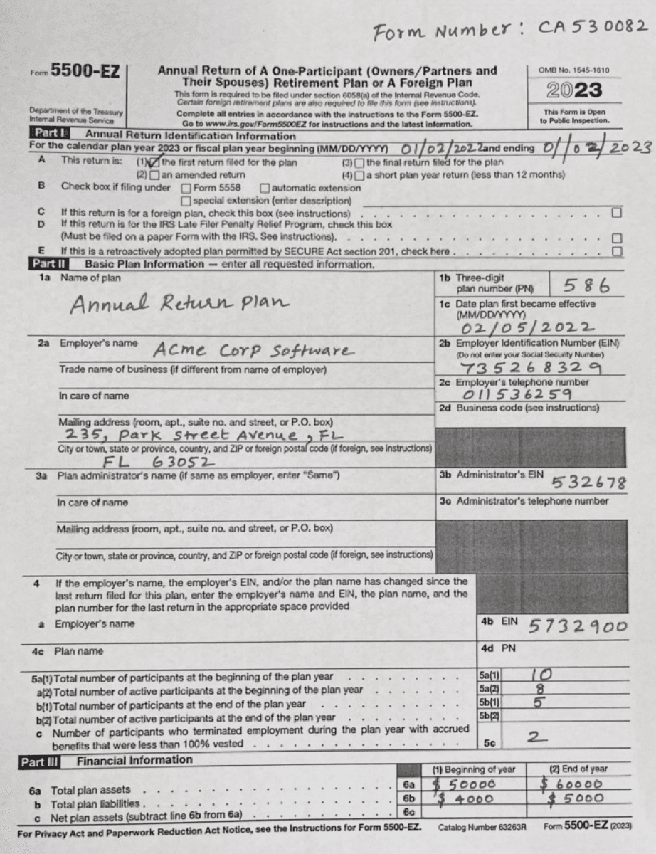 Filled IRS Form 5500-EZ with handwritten entries — plan names, employer details, and financial figures perfectly extracted.